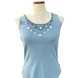 Lafayette 148 Beaded Tank Top S Blue Coastal Chic Quiet Luxury Designer Vtg